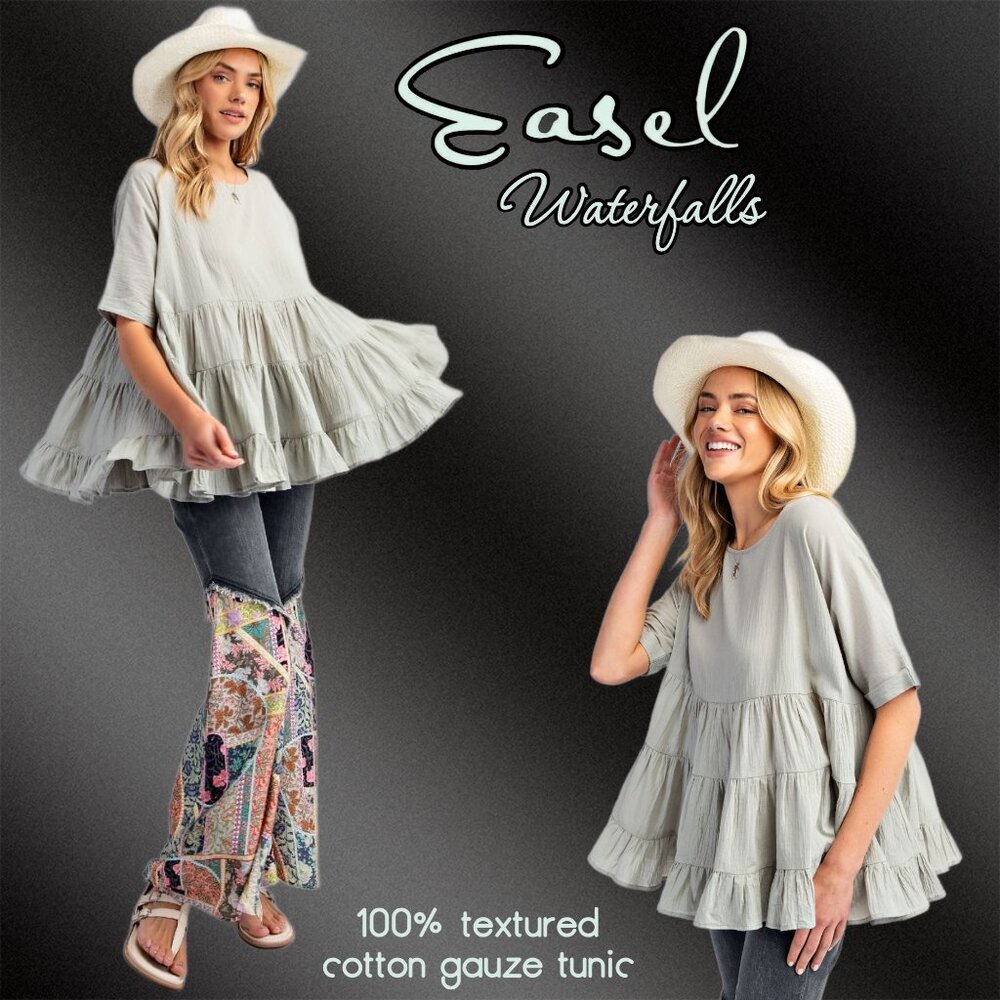 📌 EASEL “Waterfalls” Cotton Gauze Loose Top Cuffed Sleeves Tiered Ruffled Hem